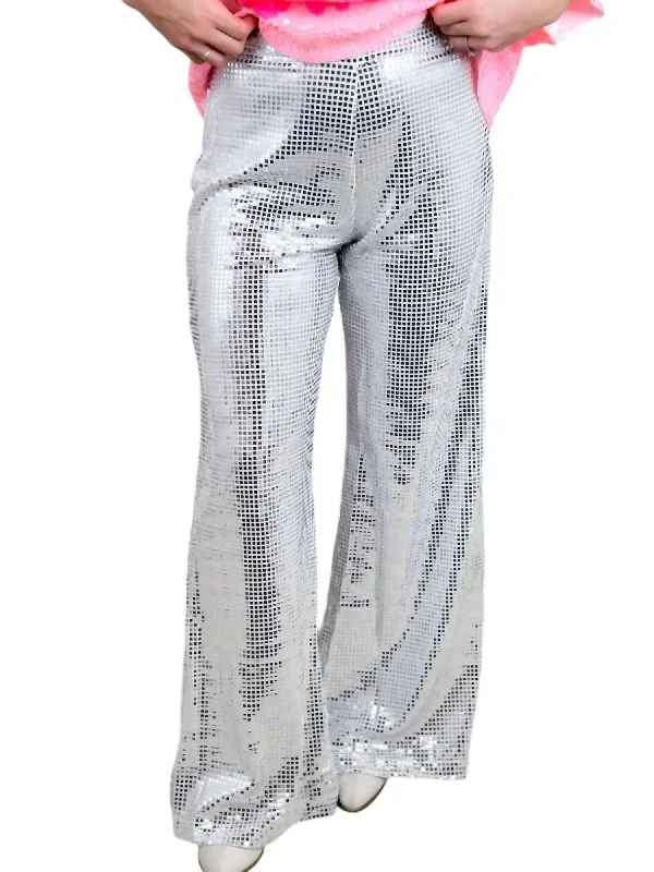 Linen blend jogger pants for women in comfortMirror Sequin Wide Leg Pants In Silver Linen blend jogger pants for women in comfortMirror Sequin Wide Leg Pants In Silver