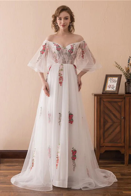 "Wrap dresses for women for an adjustable fit"Long Off Shoulder A-line Floral White Wedding Dress with Bell Sleeves "Wrap dresses for women for an adjustable fit"Long Off Shoulder A-line Floral White Wedding Dress with Bell Sleeves