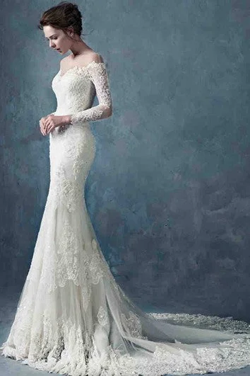 "Chiffon dresses for women with a flowy and light feel"Off The Shoulder Long Lace Sleeve Lace Gown