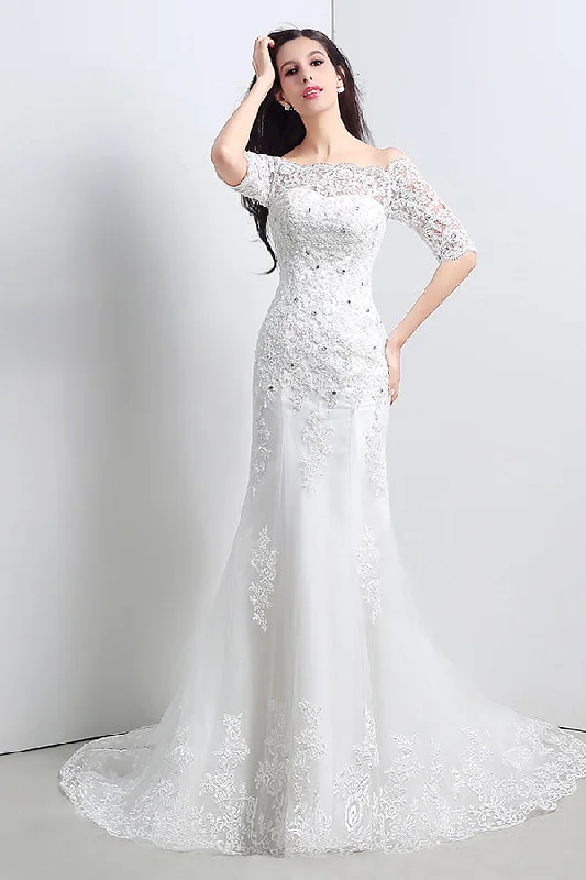 "Comfortable maternity dresses for pregnant women"Princess Off Shoulder Mermaid White Wedding Dress with Lace