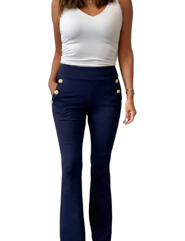 Recycled fabric pants for women in an eco - friendly and sustainable stylePonte Pants With Gold Buttons In Navy Recycled fabric pants for women in an eco - friendly and sustainable stylePonte Pants With Gold Buttons In Navy