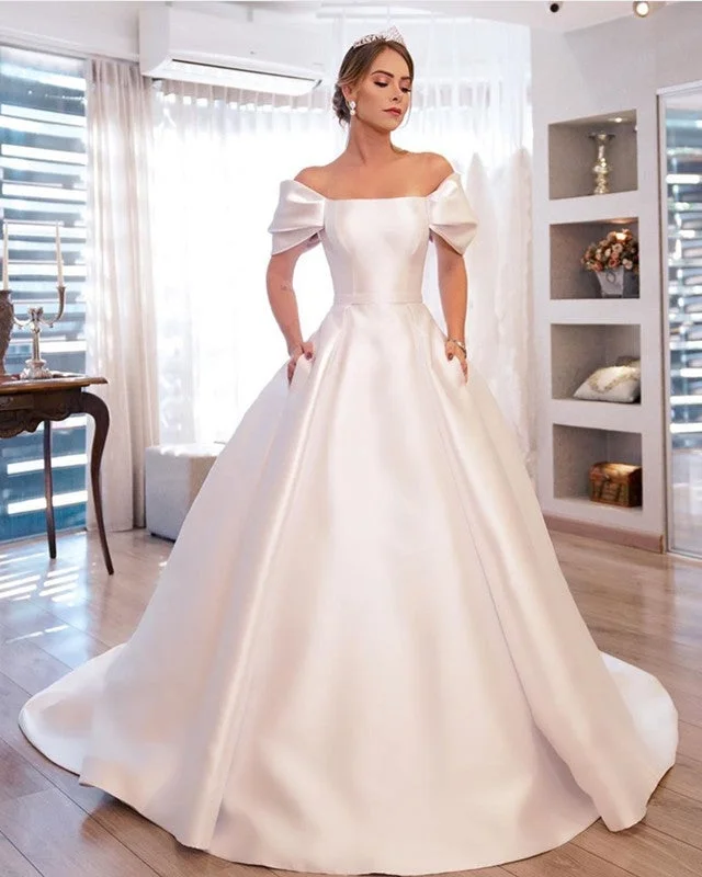 "Off - shoulder dresses for women to show off collarbones"Princess Off Shoulder Wedding Dress Satin With Pockets "Off - shoulder dresses for women to show off collarbones"Princess Off Shoulder Wedding Dress Satin With Pockets