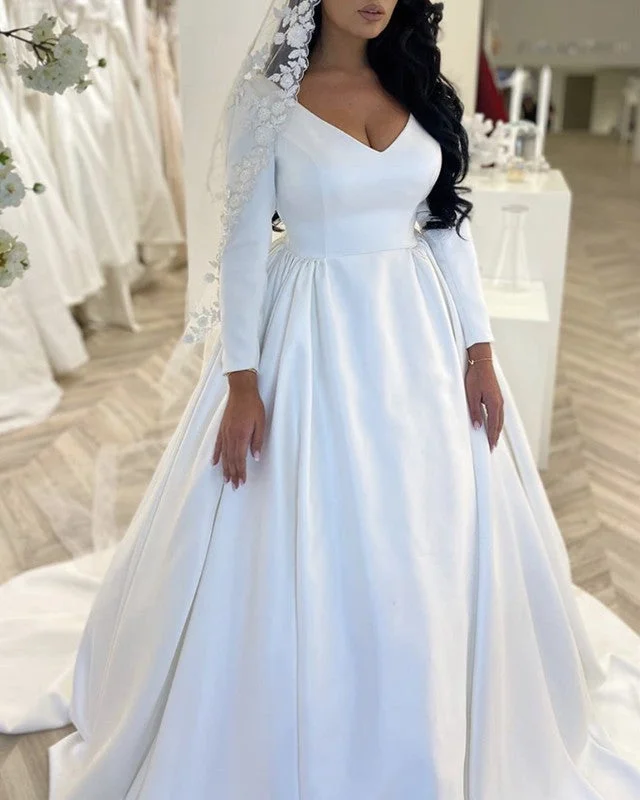"Wrap dresses for women for an adjustable fit"Princess V Neck Wedding Dress Satin Long Sleeves "Wrap dresses for women for an adjustable fit"Princess V Neck Wedding Dress Satin Long Sleeves
