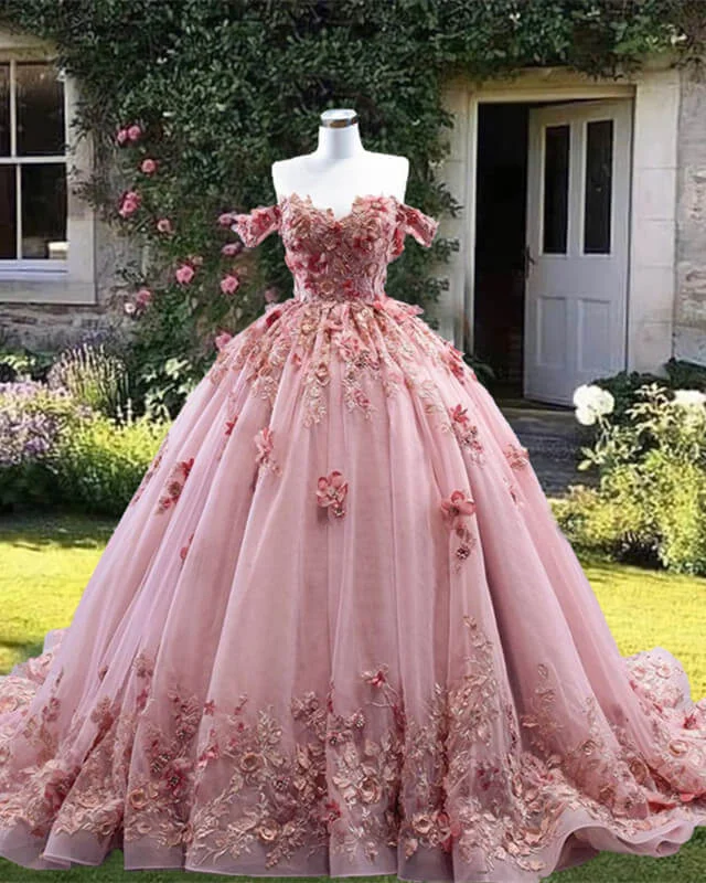"Mermaid - style wedding dresses for women for a dramatic look"Ball Gown Off The Shoulder Tulle Dress With 3D Flowers "Mermaid - style wedding dresses for women for a dramatic look"Ball Gown Off The Shoulder Tulle Dress With 3D Flowers
