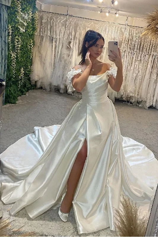 "Designer - inspired women's evening dresses"Ruching Satin Bridal Dresses with Flowers Off-the-shoulder "Designer - inspired women's evening dresses"Ruching Satin Bridal Dresses with Flowers Off-the-shoulder