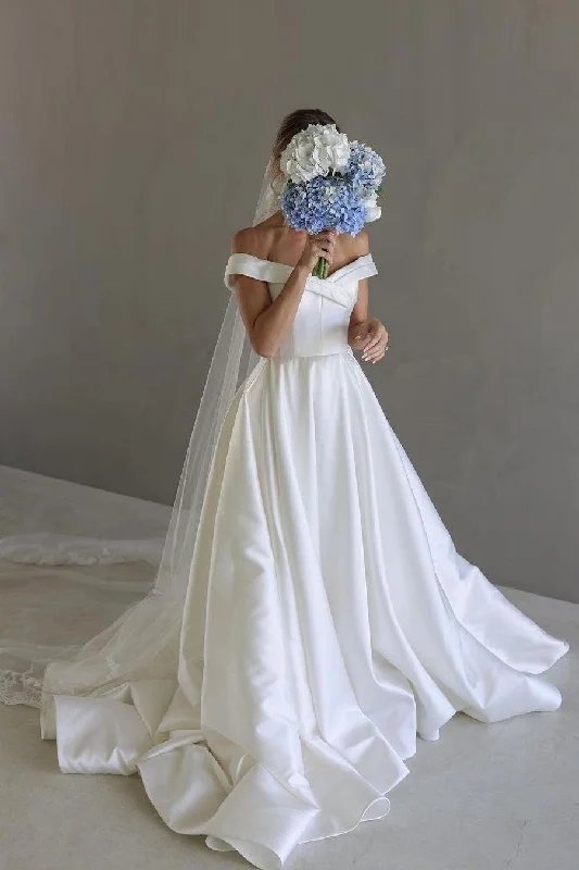 "Sleeveless dresses for women during hot summer days"Satin Ivory Wedding Gown with Off-the-shoulder Neckline "Sleeveless dresses for women during hot summer days"Satin Ivory Wedding Gown with Off-the-shoulder Neckline