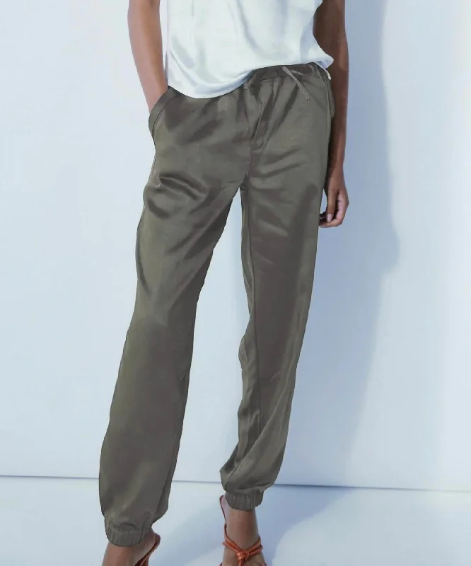 Patchwork denim pants for women in a creative designSatin Joggers In Khaki