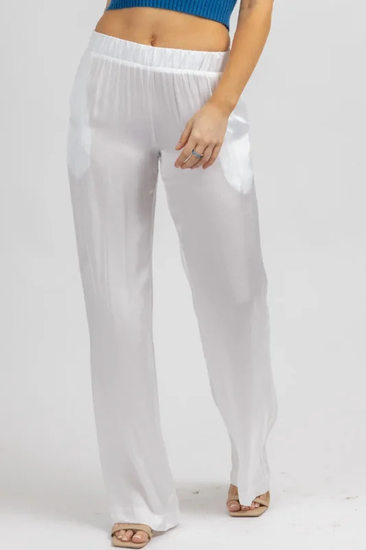 Plaid wide leg dress pants for women in a preppy and formal styleSatin Wide Leg Pant In Off White Plaid wide leg dress pants for women in a preppy and formal styleSatin Wide Leg Pant In Off White