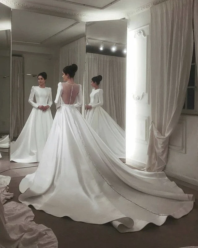 "Floral print dresses for women for a feminine look"See Through Back Wedding Dress Satin Ball Gown Long Sleeves "Floral print dresses for women for a feminine look"See Through Back Wedding Dress Satin Ball Gown Long Sleeves