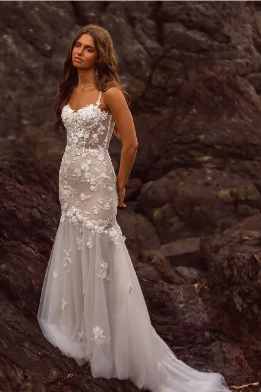 "Denim dresses for women for a casual and cool style"Semi-transparent Appliques Floral Bridal Dress with Detachable Sleeves