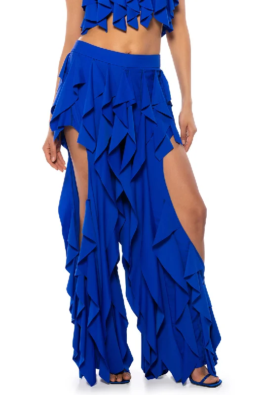 Cuffed pants for women in a stylish detailSERENITY RUFFLED PANT IN BLUE