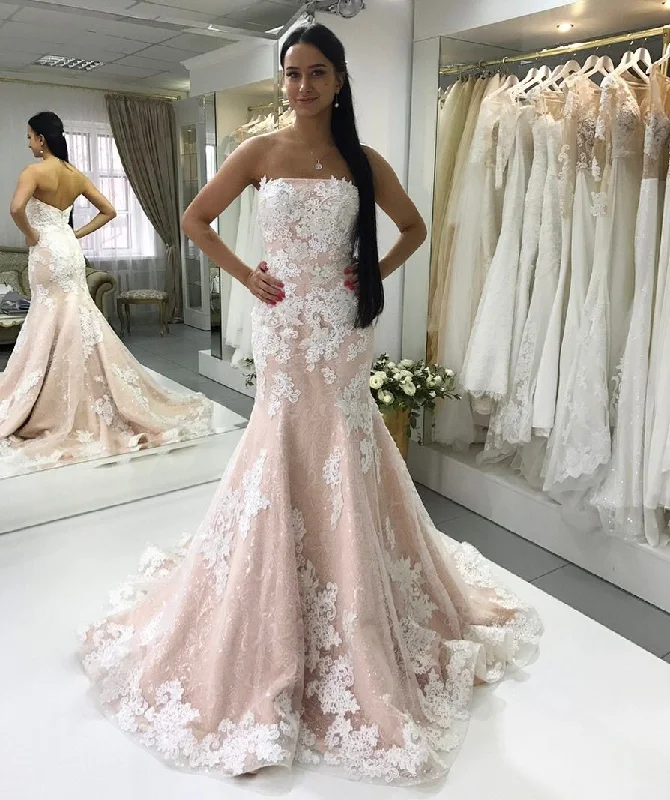 "Graduation dresses for women to celebrate in style"Sexy Strapless Champagne Mermaid Wedding Dresses Ivory Lace Appliques "Graduation dresses for women to celebrate in style"Sexy Strapless Champagne Mermaid Wedding Dresses Ivory Lace Appliques