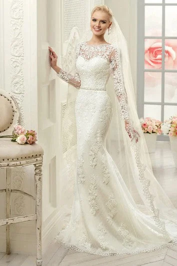 "Mermaid - style wedding dresses for women for a dramatic look"Sheath Maxi Bateau Long-Sleeve Deep-V-Back Lace Dress With Appliques And Waist Jewellery "Mermaid - style wedding dresses for women for a dramatic look"Sheath Maxi Bateau Long-Sleeve Deep-V-Back Lace Dress With Appliques And Waist Jewellery