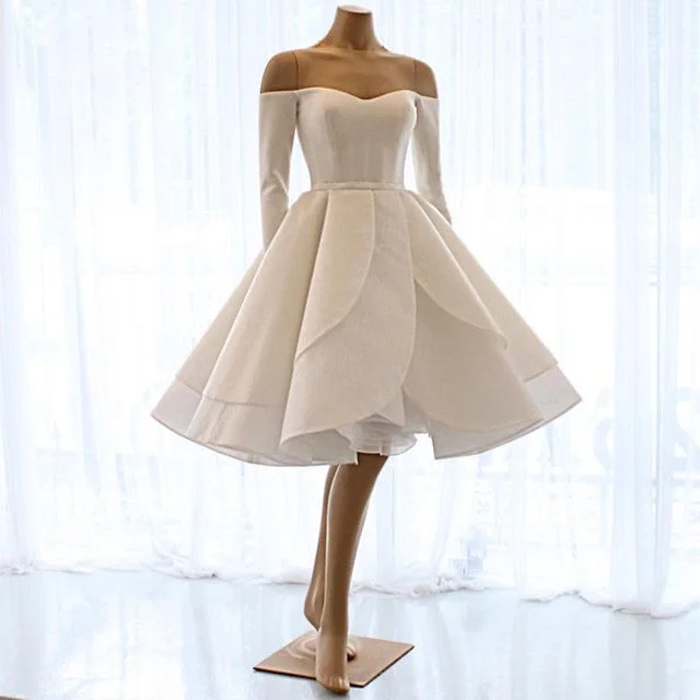 "Stylish cocktail dresses for women on a budget"Short Satin Long Sleeves Off Shoulder Ruffles Skirt Wedding Dresses "Stylish cocktail dresses for women on a budget"Short Satin Long Sleeves Off Shoulder Ruffles Skirt Wedding Dresses