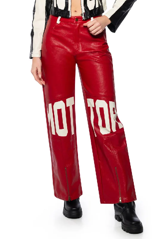 Printed palazzo pants for women in a colorful and trendy styleSPEED UP MOTOR FAUX LEATHER PANT Printed palazzo pants for women in a colorful and trendy styleSPEED UP MOTOR FAUX LEATHER PANT