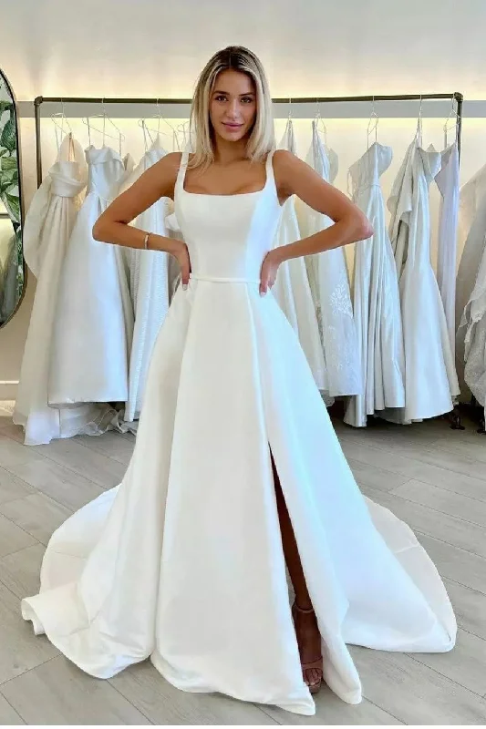 "Long sleeve dresses for women in cold weather"Square Neck Satin Bride Dress with Split Side "Long sleeve dresses for women in cold weather"Square Neck Satin Bride Dress with Split Side