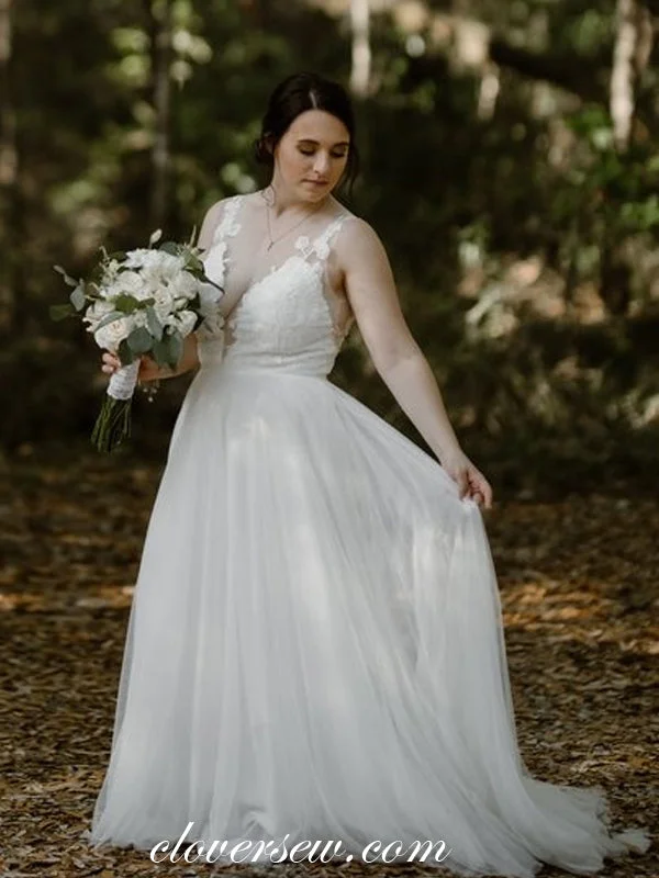"Bundle and Save: Buy Multiple Women's Dresses and Get a Discount"V-neck Illusion Back Lace Tulle White Plus Size Wedding Dresses, CW0228 "Bundle and Save: Buy Multiple Women's Dresses and Get a Discount"V-neck Illusion Back Lace Tulle White Plus Size Wedding Dresses, CW0228