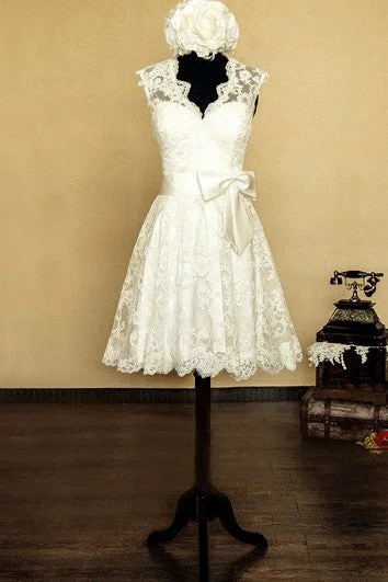 "Work - appropriate dresses for professional women"V-Neck Sleeveless Keyhole Back Short Lace Wedding Dress With Bow And Flower "Work - appropriate dresses for professional women"V-Neck Sleeveless Keyhole Back Short Lace Wedding Dress With Bow And Flower