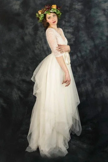 "Work - appropriate dresses for professional women"Vintage Tulle Lace V-Neck Half Sleeve Dress With Bow Draping "Work - appropriate dresses for professional women"Vintage Tulle Lace V-Neck Half Sleeve Dress With Bow Draping