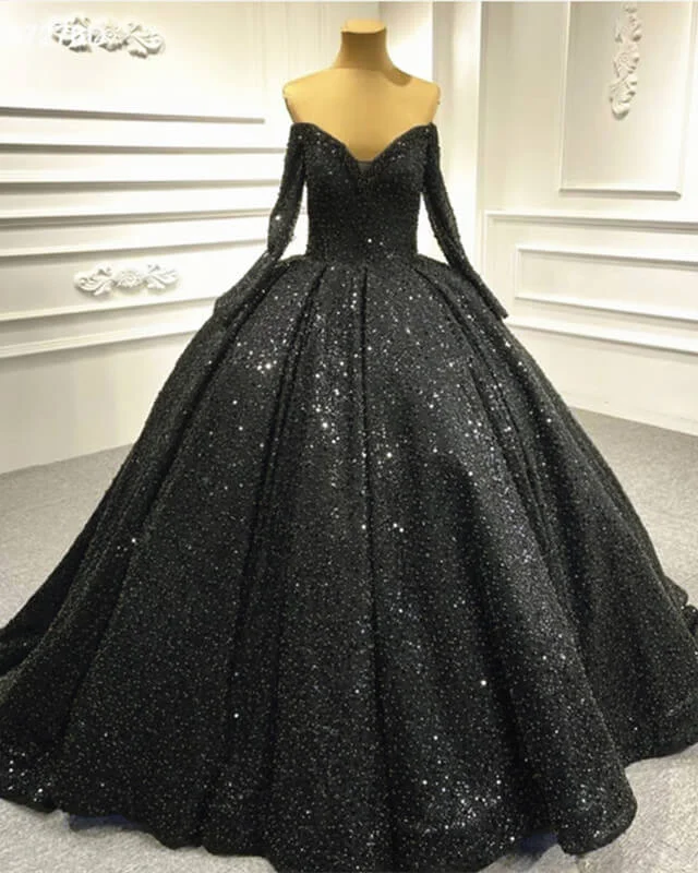 "Bohemian - style women's dresses for music festivals"Black Sparkly Off Shoulder Long Sleeve Ball Gown "Bohemian - style women's dresses for music festivals"Black Sparkly Off Shoulder Long Sleeve Ball Gown