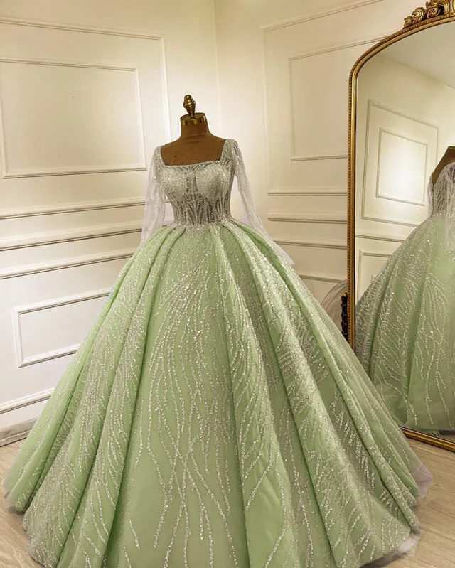 "Off - shoulder dresses for women to show off collarbones"Sage Tulle Ball Gown With Sequin Pattern "Off - shoulder dresses for women to show off collarbones"Sage Tulle Ball Gown With Sequin Pattern