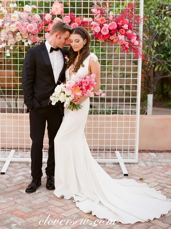 "Floral print dresses for women for a feminine look"White Lace Satin Mermaid Cap Sleeves Elegant Wedding Dresses, CW0226 "Floral print dresses for women for a feminine look"White Lace Satin Mermaid Cap Sleeves Elegant Wedding Dresses, CW0226