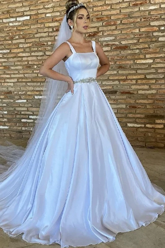 "Vintage - look women's dresses for a retro charm"White Satin Bridal Dress with Rhinestones Belt "Vintage - look women's dresses for a retro charm"White Satin Bridal Dress with Rhinestones Belt