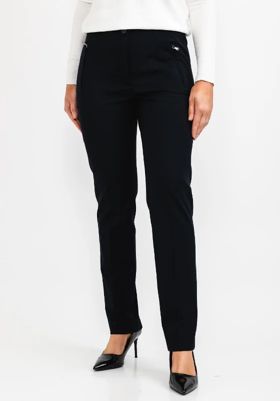 Embroidered linen pants for women in a natural styleZerres Jane Zip Pocket Slim Trousers, Navy Embroidered linen pants for women in a natural styleZerres Jane Zip Pocket Slim Trousers, Navy