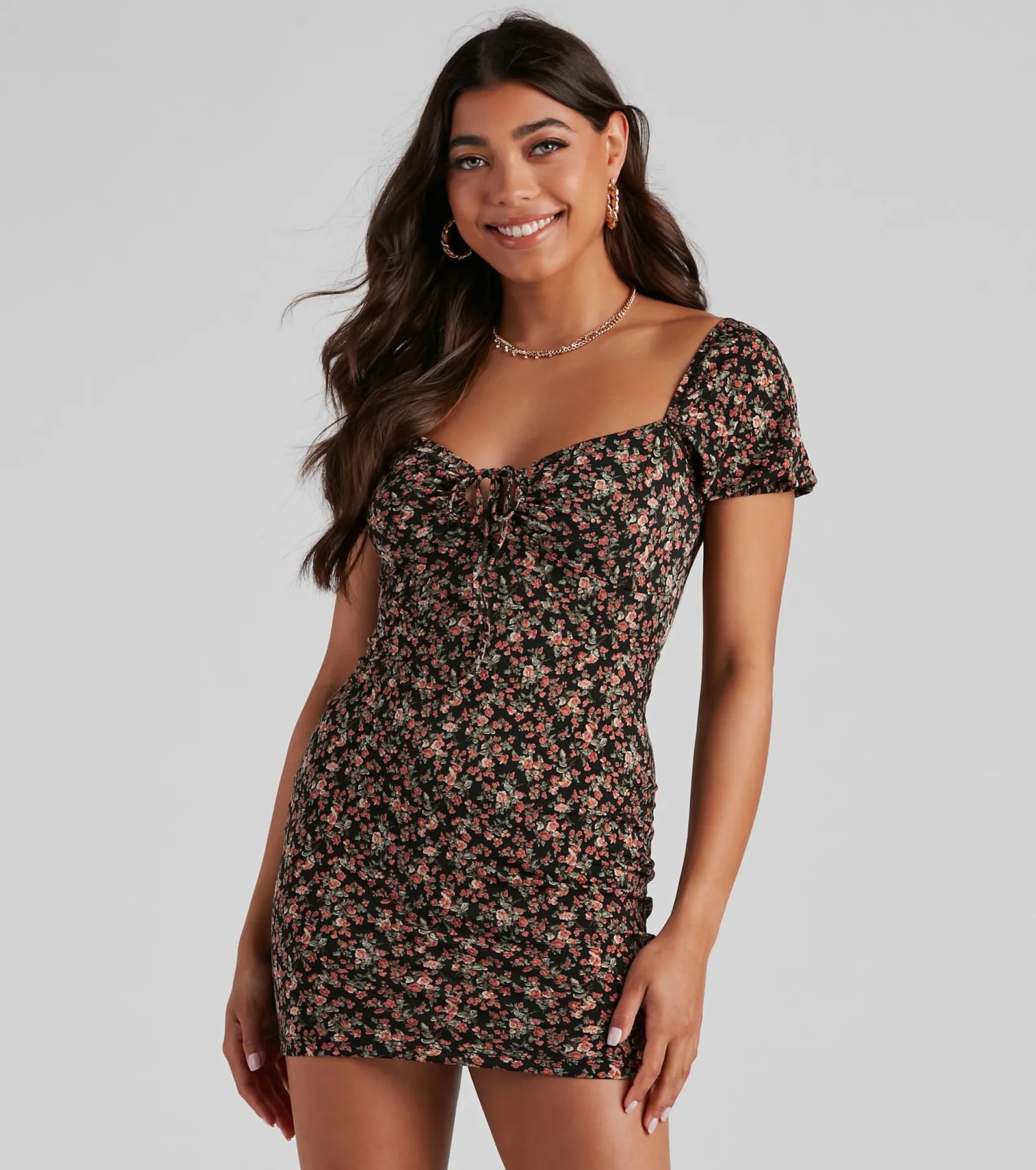 "Comfortable maternity dresses for pregnant women"Floral Soiree Puff Sleeve Mini Dress