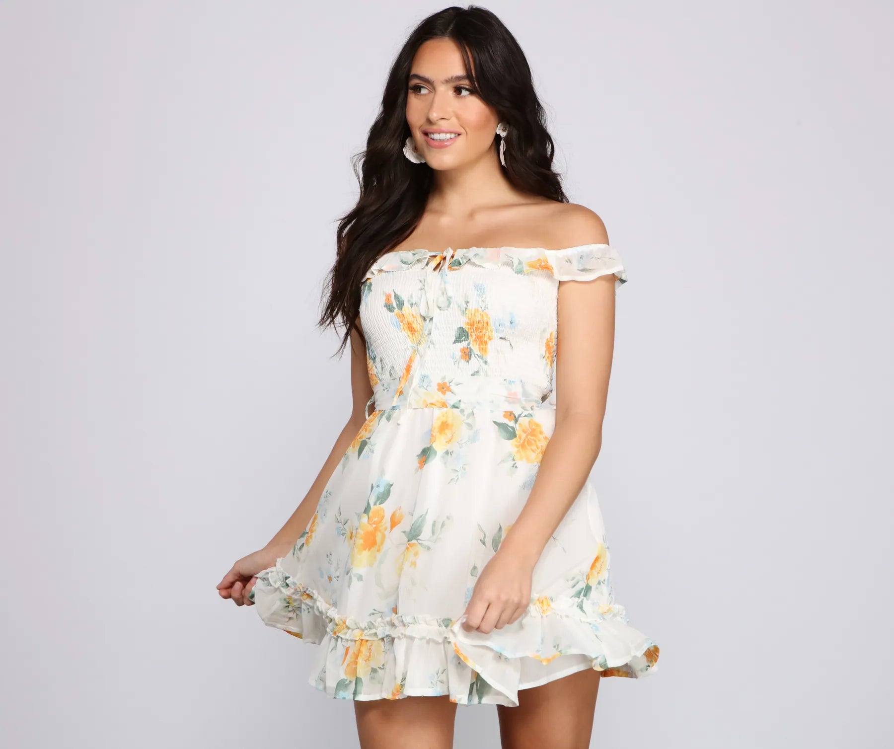 "Satin dresses for women for a luxurious appearance"Floral Wonder Ruffled Skater Dress "Satin dresses for women for a luxurious appearance"Floral Wonder Ruffled Skater Dress