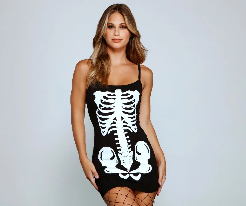 "Sleeveless dresses for women during hot summer days"Glam Ghoul Skeleton Print Mini Dress "Sleeveless dresses for women during hot summer days"Glam Ghoul Skeleton Print Mini Dress