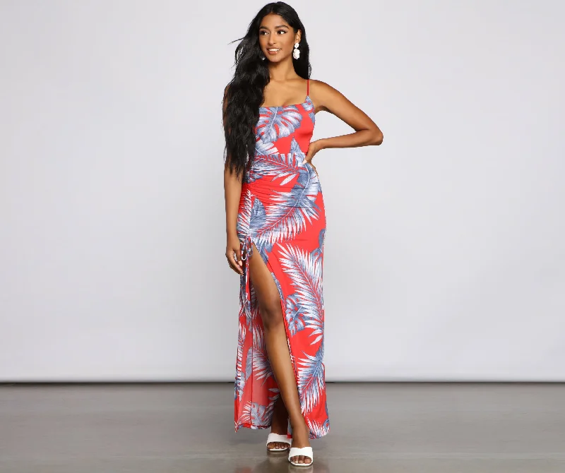 "Work - appropriate dresses for professional women"Pretty Palm Ruched Maxi Dress
