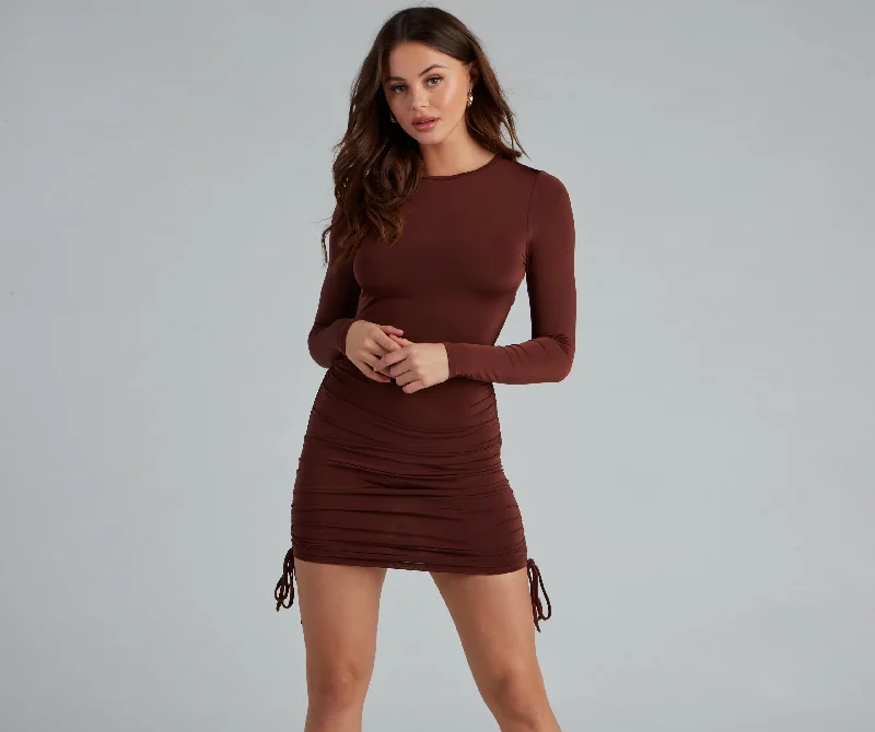 "Mother of the groom dresses for women in sophisticated designs"Ruched Babe Long Sleeve Mini Dress "Mother of the groom dresses for women in sophisticated designs"Ruched Babe Long Sleeve Mini Dress