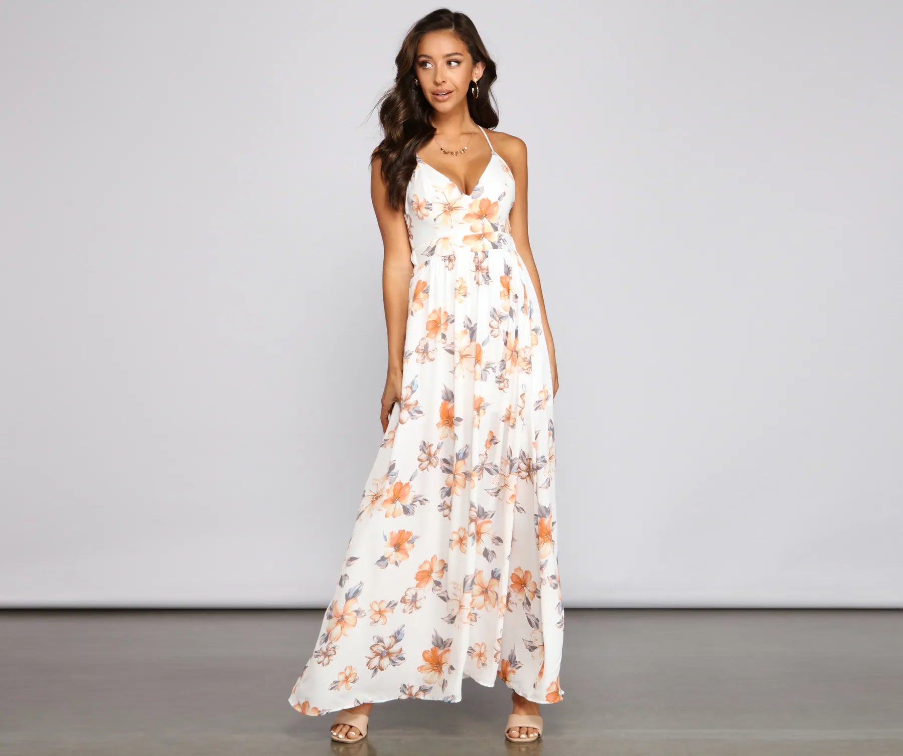 "Elegant wedding guest dresses for women under $100"Spring Into Florals Maxi Dress