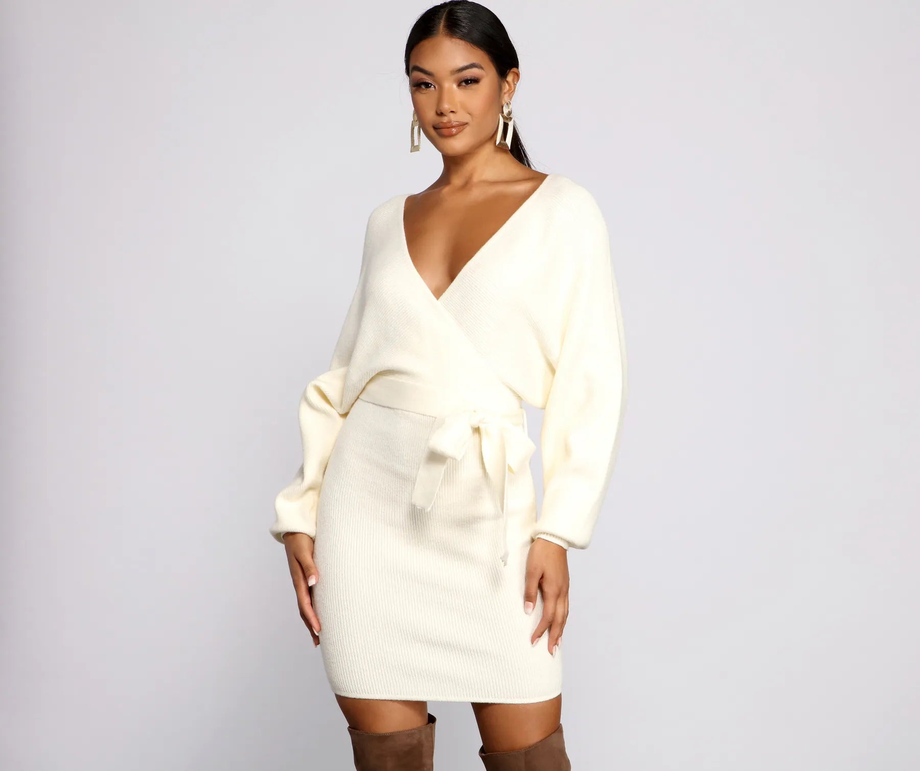"Black dresses for women for a classic and timeless appearance"Tie Front Wrap Mini Sweater Dress "Black dresses for women for a classic and timeless appearance"Tie Front Wrap Mini Sweater Dress