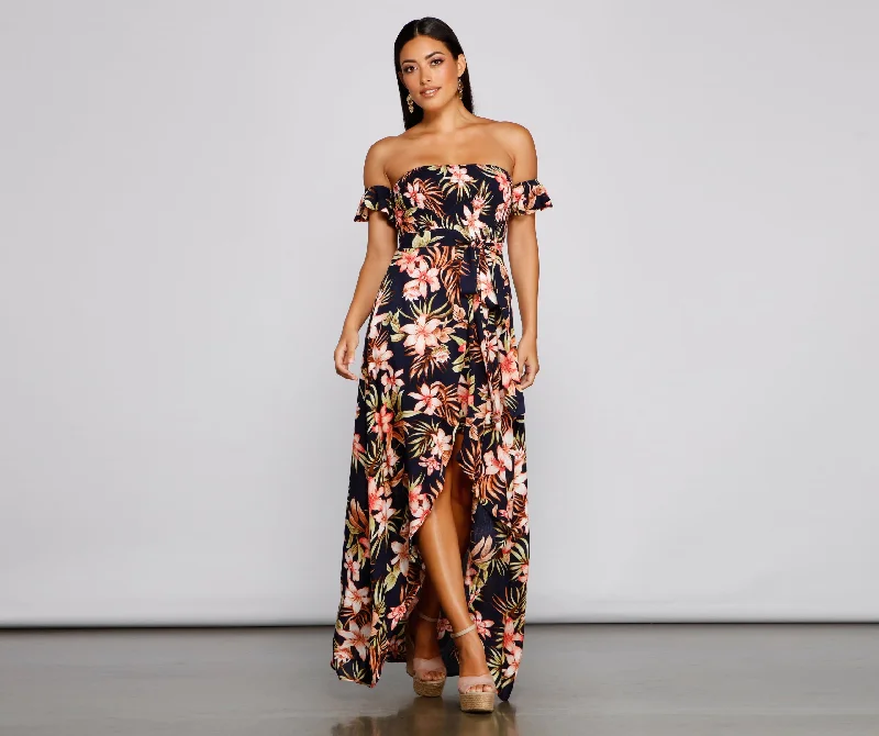 "Petite women's dresses with flattering fits"Tropical Sunsets Maxi Dress