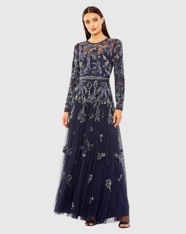 "Elegant wedding guest dresses for women under $100"Long Sleeve High Neck Floral Beaded A-line Mesh Gown