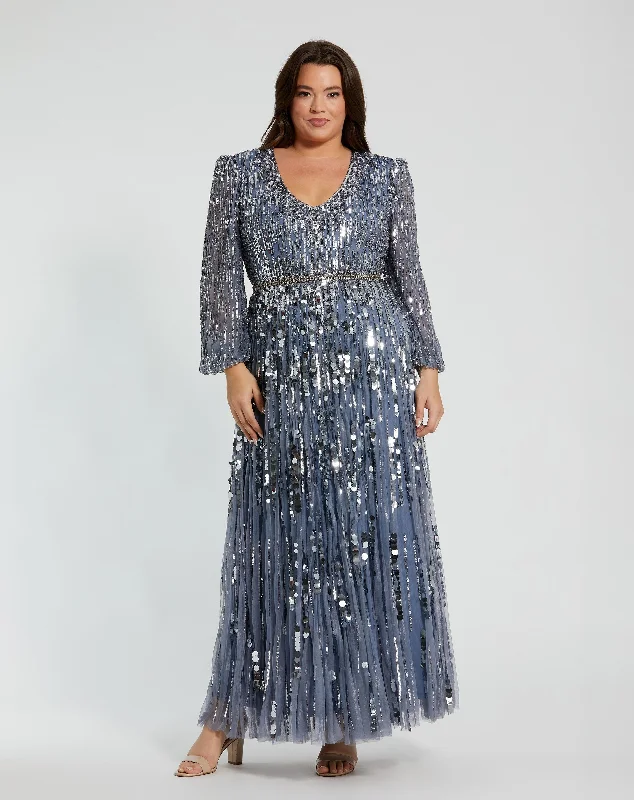 "Affordable plus size women's summer dresses"Long Sleeve Beaded Crystal V Neck Gown
