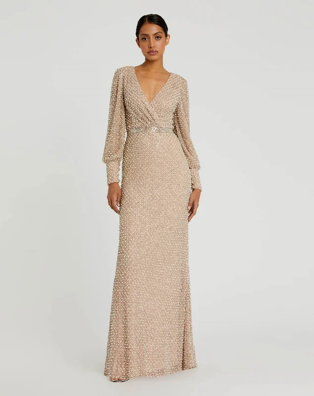 "Lace dresses for women for a romantic and elegant look"Wrap Over Bishop Sleeve Gown With Pearl Beading "Lace dresses for women for a romantic and elegant look"Wrap Over Bishop Sleeve Gown With Pearl Beading