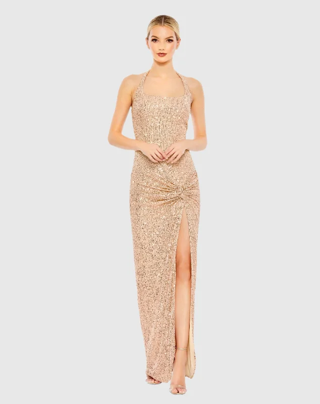 "Polka dot dresses for women with a retro vibe"Sequined Halter Strap Low Side Knot Gown "Polka dot dresses for women with a retro vibe"Sequined Halter Strap Low Side Knot Gown