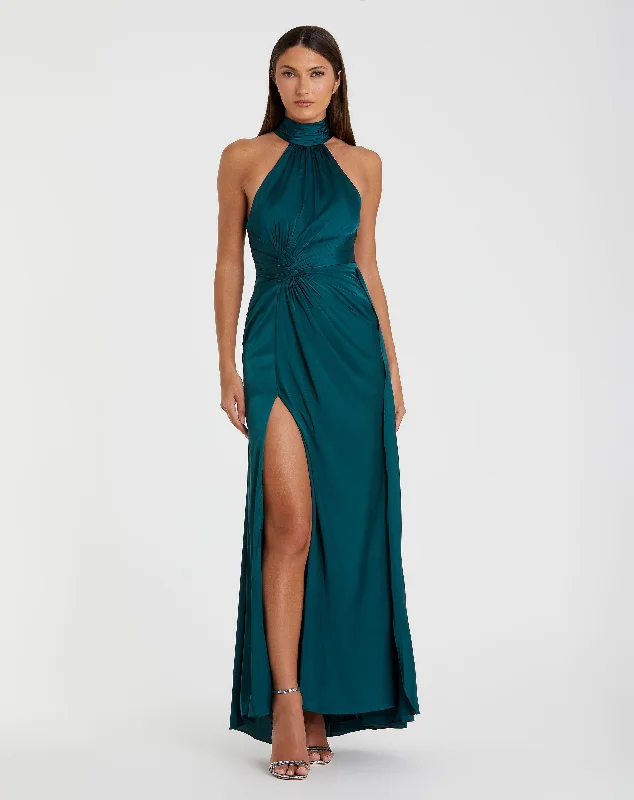 "Comfortable maternity dresses for pregnant women"Open Back High Neck Side Ruched Gown "Comfortable maternity dresses for pregnant women"Open Back High Neck Side Ruched Gown