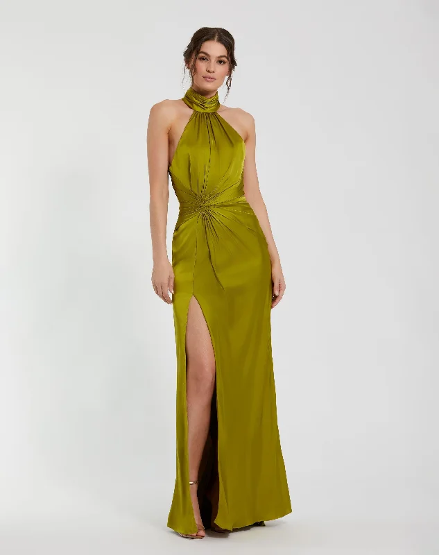 "Stylish cocktail dresses for women on a budget"Open Back High Neck Side Ruched Gown "Stylish cocktail dresses for women on a budget"Open Back High Neck Side Ruched Gown