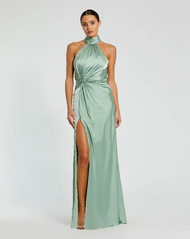 Clearance Sale: Women's Dresses Open Back High Neck Side Ruched Gown