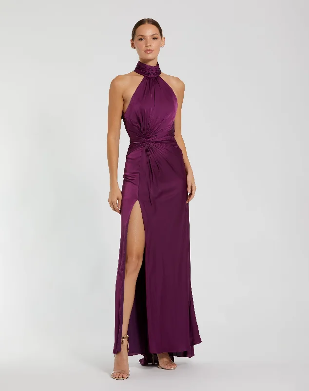 "Black dresses for women for a classic and timeless appearance"Open Back High Neck Side Ruched Gown "Black dresses for women for a classic and timeless appearance"Open Back High Neck Side Ruched Gown