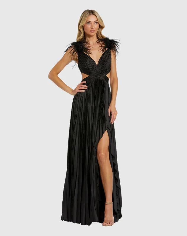 "Elegant wedding guest dresses for women under $100"Pleated Feather Cap Sleeve Open Back Gown "Elegant wedding guest dresses for women under $100"Pleated Feather Cap Sleeve Open Back Gown