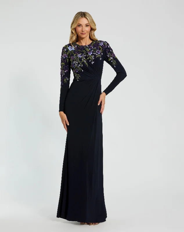 "Denim dresses for women for a casual and cool style"Embellished Long Sleeve Fitted Jersey Gown "Denim dresses for women for a casual and cool style"Embellished Long Sleeve Fitted Jersey Gown