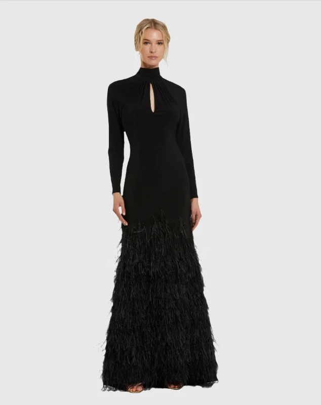"White dresses for women for a fresh and clean look"Jersey Long Sleeve High Neck Feather Gown "White dresses for women for a fresh and clean look"Jersey Long Sleeve High Neck Feather Gown