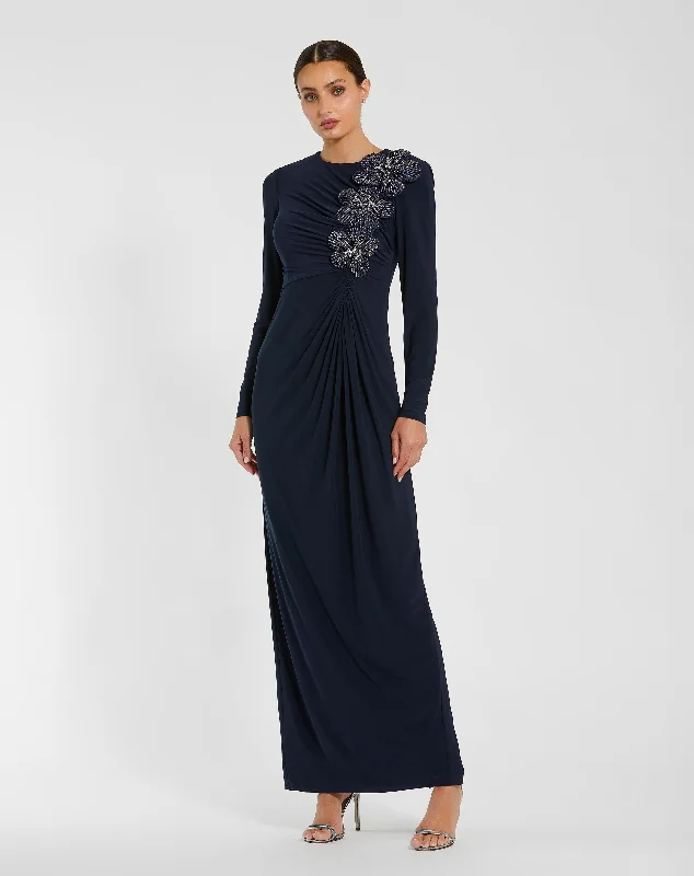 "Animal print dresses for women who love bold styles"Jersey Long Sleeve Fitted Gown With 3D Flowers "Animal print dresses for women who love bold styles"Jersey Long Sleeve Fitted Gown With 3D Flowers
