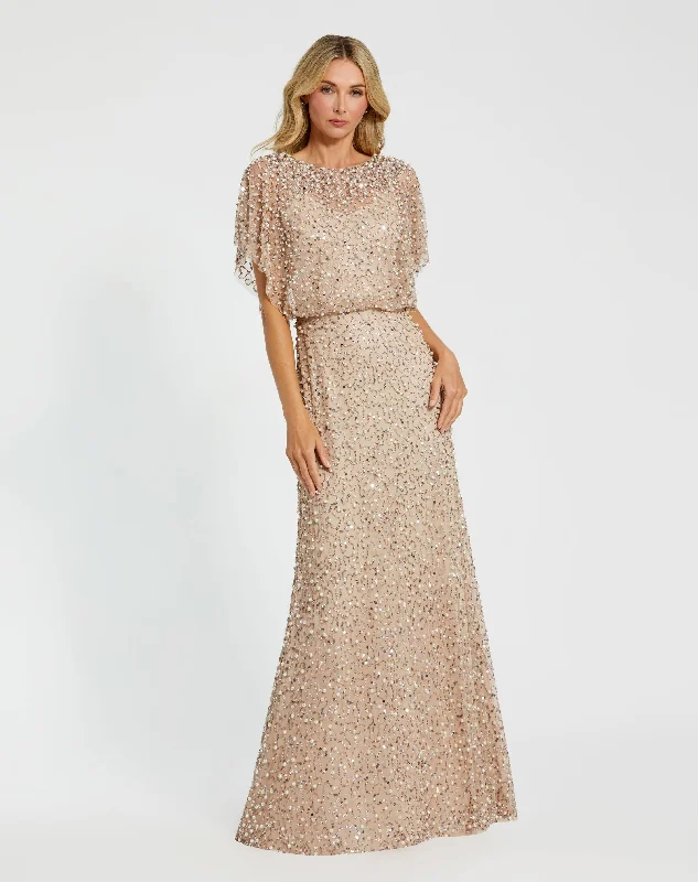 "Lace dresses for women for a romantic and elegant look"Beaded Mesh Gown With Shawl