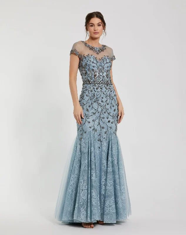 "Beaded dresses for women for a glamorous look"Sheer Top Embellished Mermaid Gown